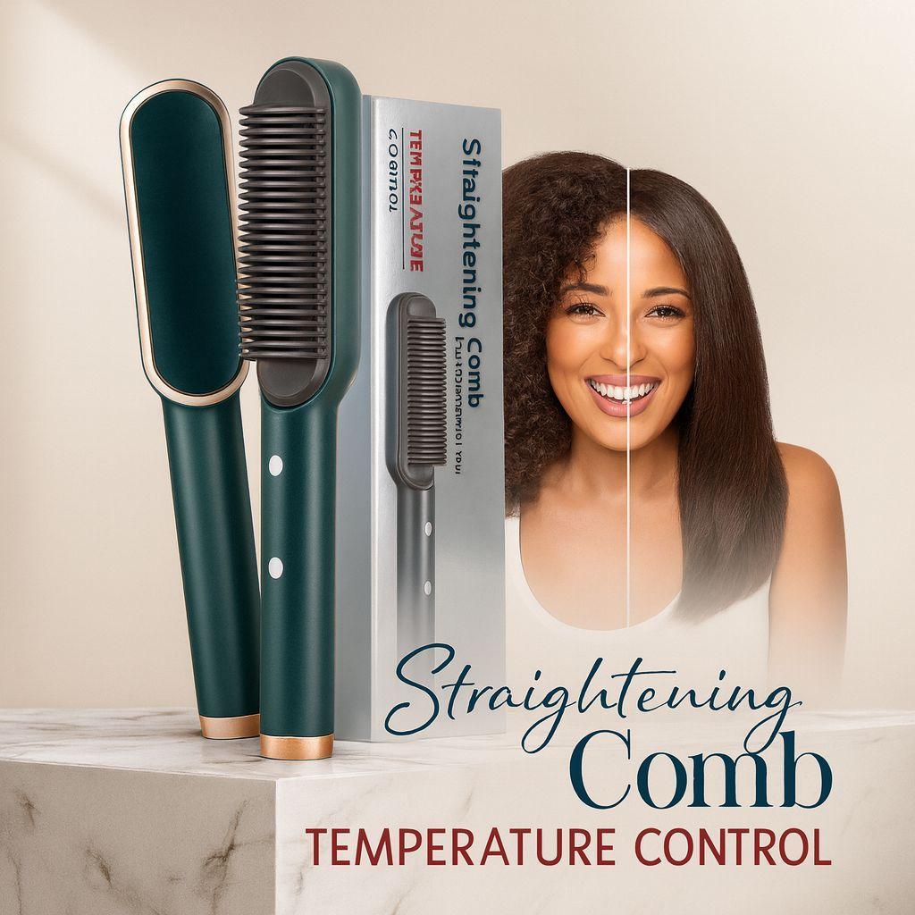 Professional Ionic Hair Straightening Comb with Adjustable Temperature Control - Sleek Emerald & Gold