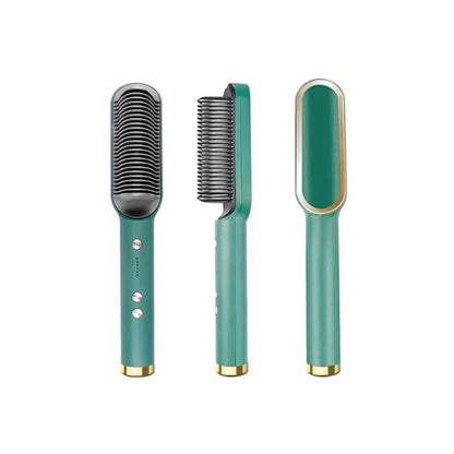 Professional Ionic Hair Straightening Comb with Adjustable Temperature Control - Sleek Emerald & Gold